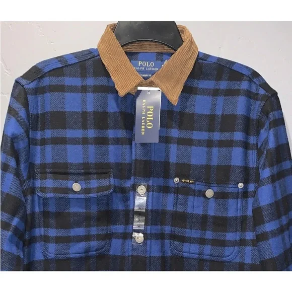 Polo Ralph Lauren Classic Fit Mens Blue/Black PLAID WOOL Shirt Sz XXL NWT.